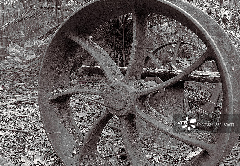 澳大利亚维多利亚州亚拉 Ranges 农田里废弃的轮子特写图片素材