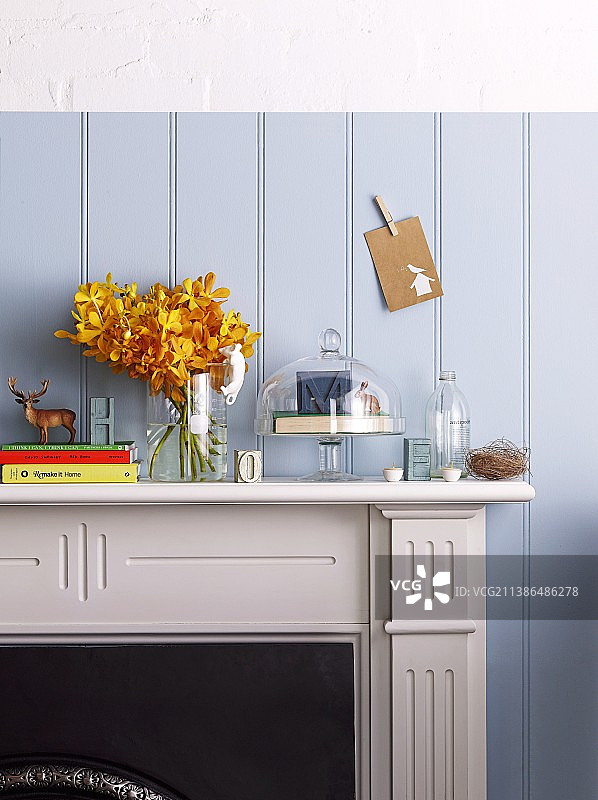 壁炉台上的花瓶、玻璃罩、书籍和其他装饰品，背景为淡蓝色木墙图片素材