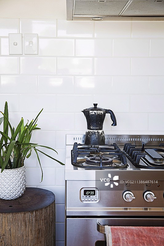 不锈钢燃气灶上的意式浓缩咖啡壶和树桩凳上的室内植物，白色墙砖背景图片素材