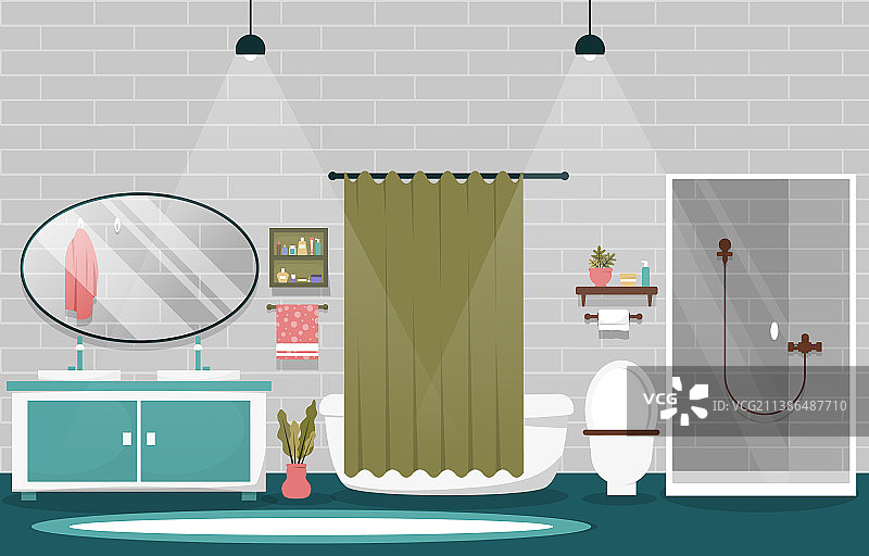 干净的浴室室内设计，带镜子和浴缸图片素材