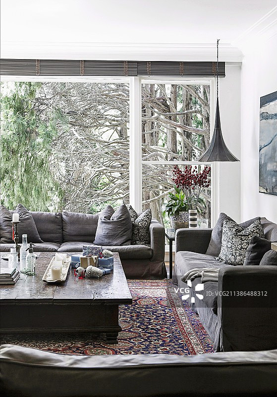 窗前带灰色沙发的舒适客厅角落和树木景观图片素材