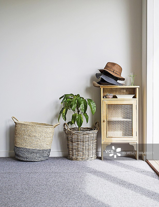 带堆叠帽子的展示柜、柳条花盆中的室内植物和地毯地板上的柳条包图片素材