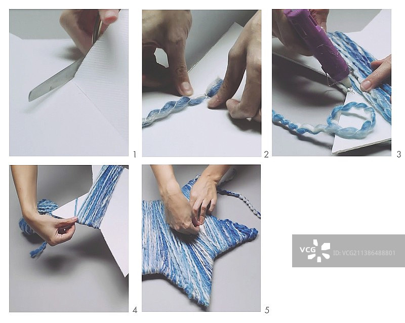 用纸板和蓝色斑驳羊毛制作装饰星星图片素材