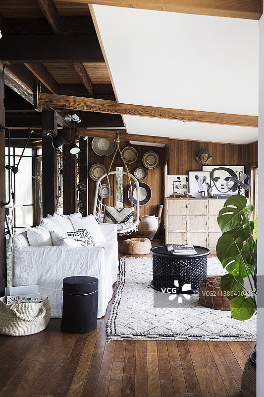 客厅里的沙发床、黑色咖啡桌、悬挂椅和高柜图片素材