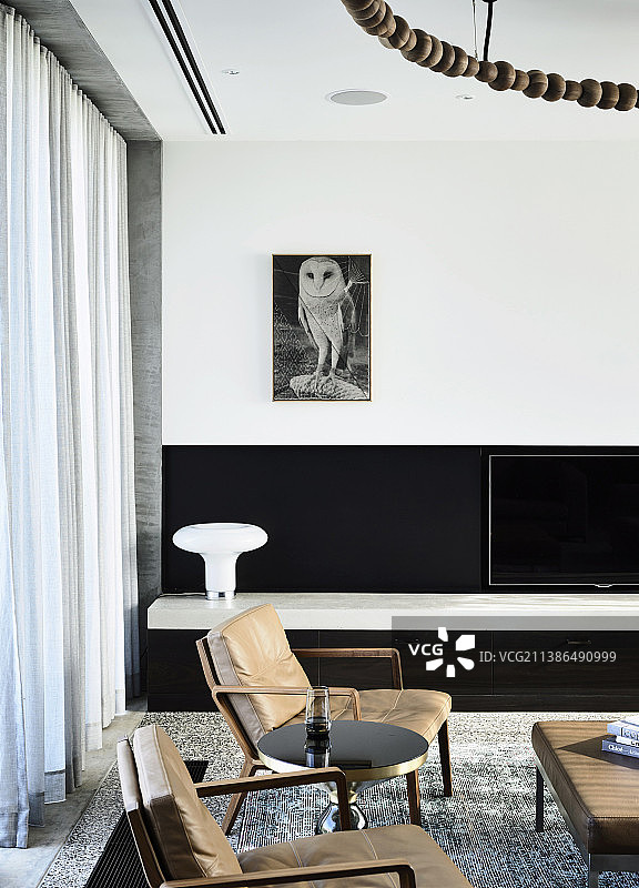 客厅电视柜前的真皮扶手椅图片素材