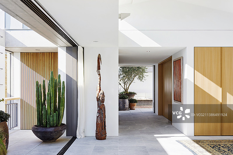 带瓷砖地板的开放式客厅，滑动开口前有仙人掌壳和雕塑图片素材