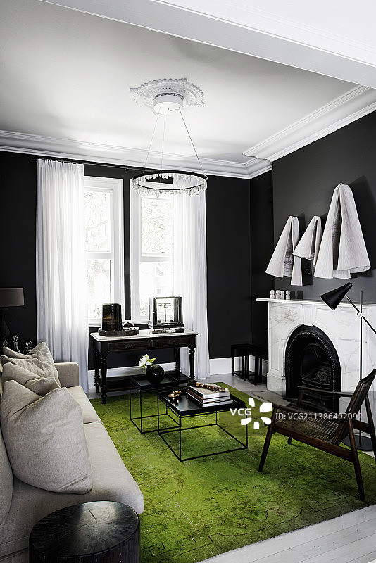 客厅里的软包沙发、餐垫、书桌和壁炉，配有绿色基里姆和黑色墙壁图片素材
