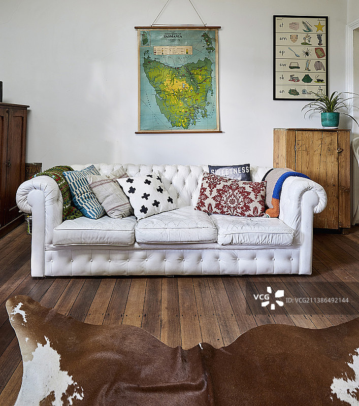 客厅里带枕头和动物毛皮地毯的白色复古皮革沙发图片素材