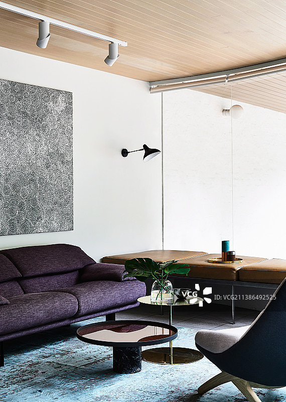 休息区的紫色沙发和皮凳与玻璃隔断图片素材