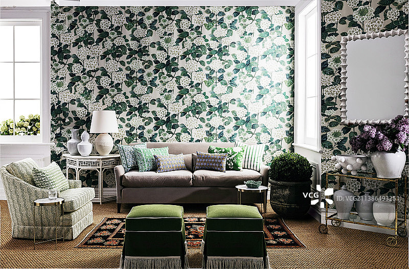 绿白色花卉图案壁纸与客厅座椅家具图片素材