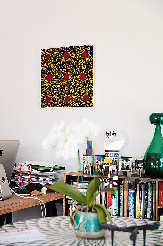 透过桌上的兰花看矮书架和书桌图片素材