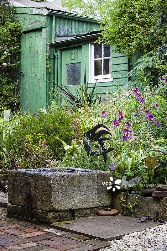 花园中用石槽改造的池塘和风化的绿色木屋图片素材