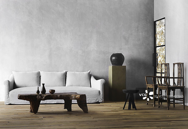 客厅内的咖啡桌、软垫沙发、花瓶石碑和椅子图片素材