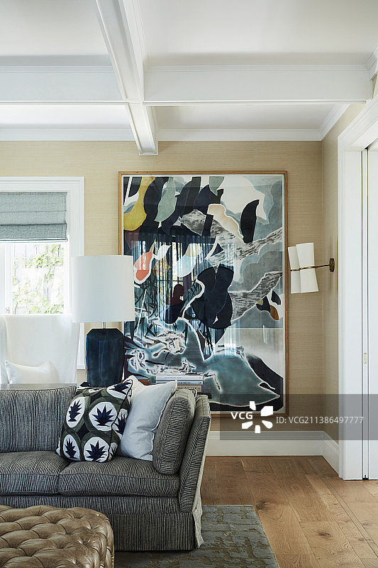 客厅沙发后墙上的现代艺术图片素材