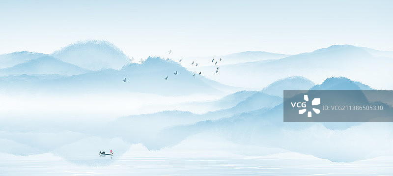 蓝色意境山水画图片素材