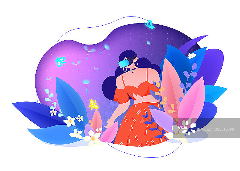 元宇宙虚拟现实技术女性和花草扁平化矢量插画图片素材