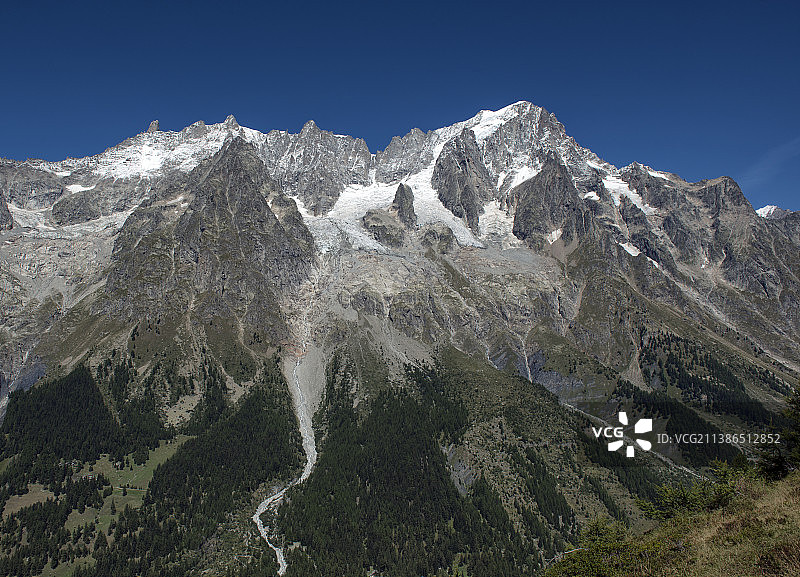在晴朗的蓝天衬托下的雪山风景图片素材