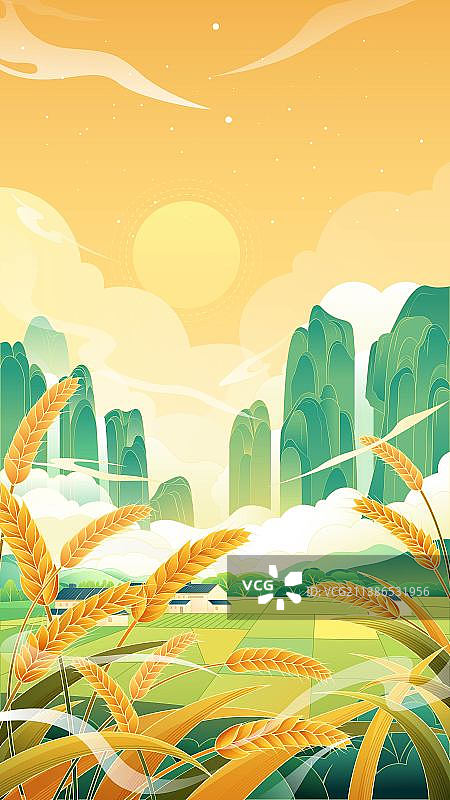 美丽的金色麦田国风二十四节气插画竖版图片素材