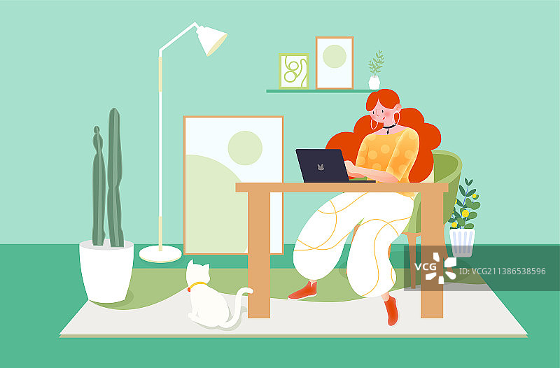 远程视频的女青年扁平化矢量插画图片素材