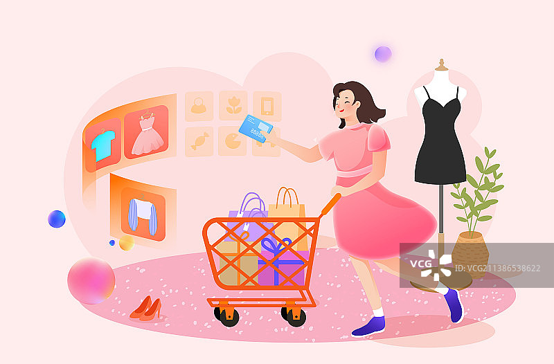 网络购物的年轻女性扁平化插画图片素材