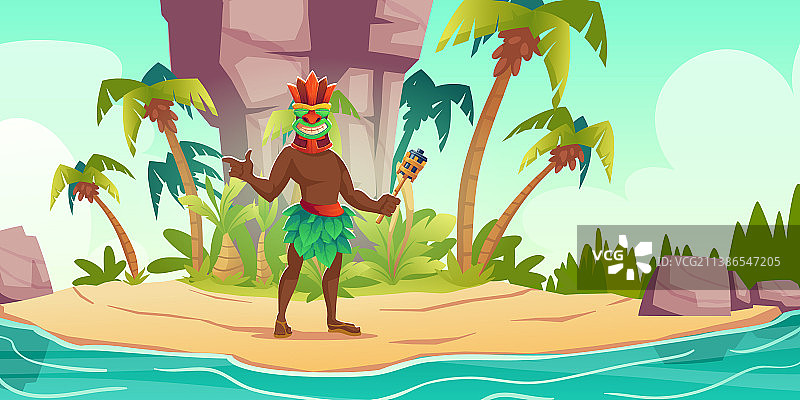 岛上手持火炬的提基面具人图片素材