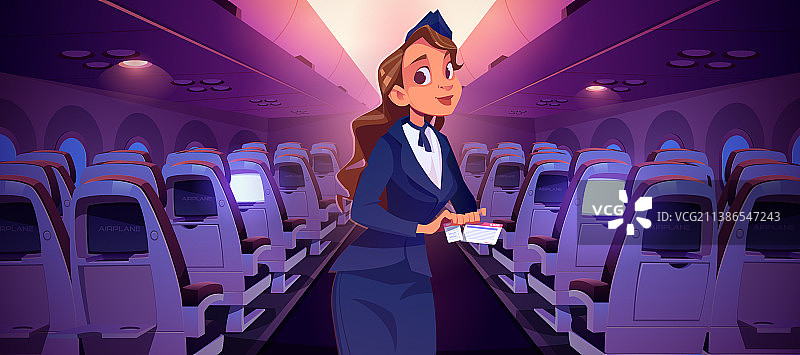 在飞机客舱内持票的女乘务员图片素材