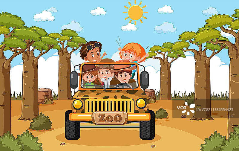 孩子们乘坐游览车探索动物园场景图片素材