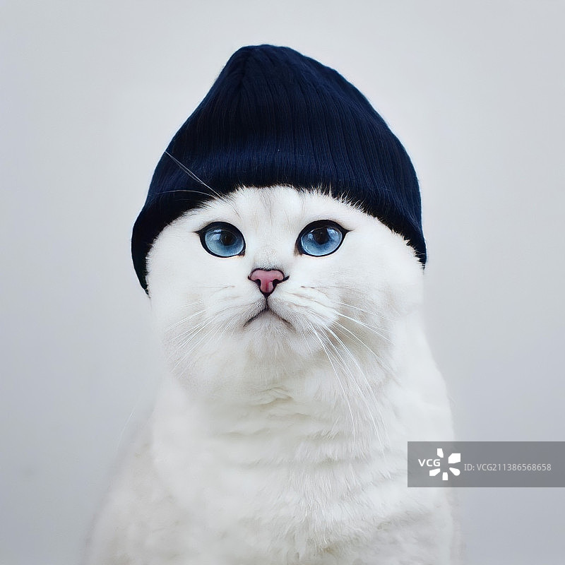 戴着黑色羊毛帽，直视镜头的白色毛茸茸蓝眼睛猫，印度古吉拉特邦图片素材