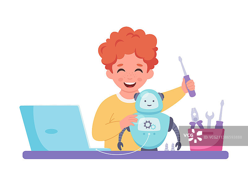 小男孩制作机器人编程图片素材