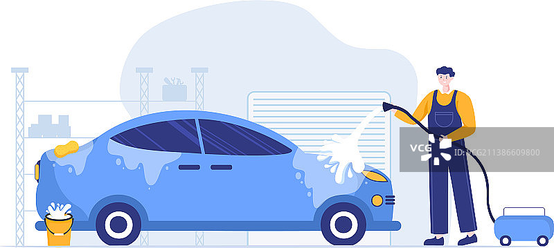 扁平风格洗车服务，工人清洗车辆图片素材
