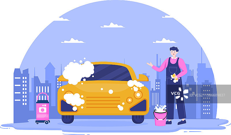 扁平风格洗车服务，工人清洗车辆图片素材