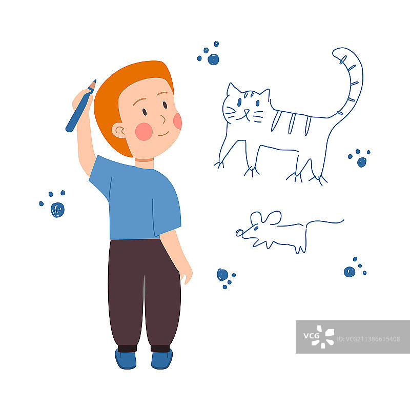 可爱的男孩在墙上画猫和老鼠图片素材