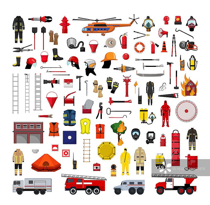 消防员和救援设备组合图片素材