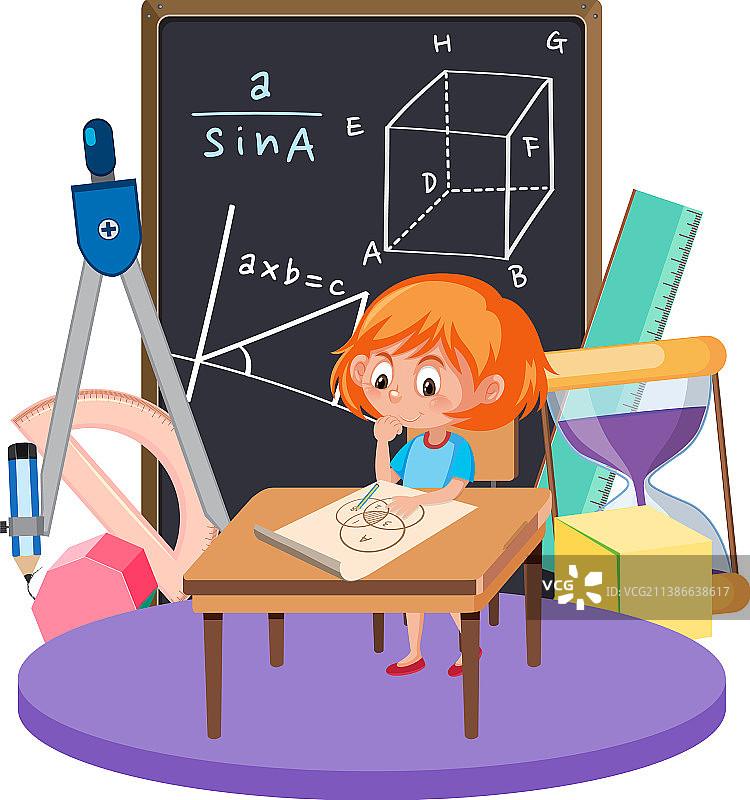 女孩学习数学，带有数学符号和图标图片素材