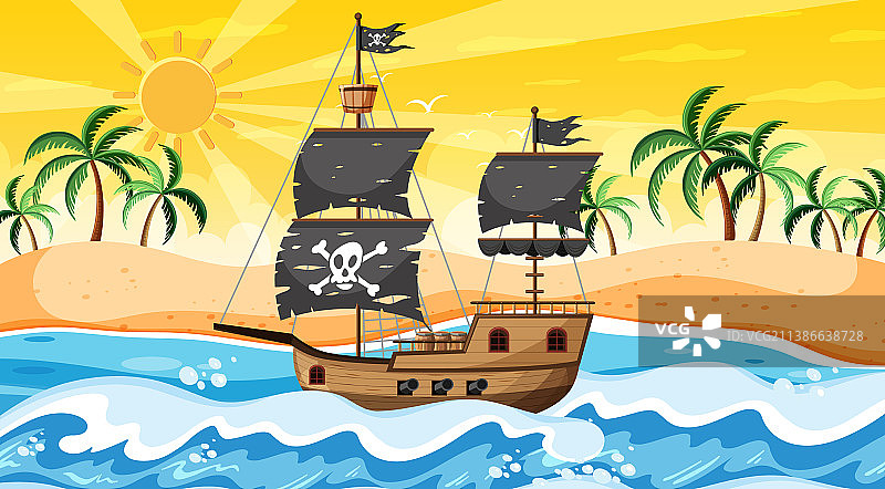 日落时分的海洋海盗船场景图片素材