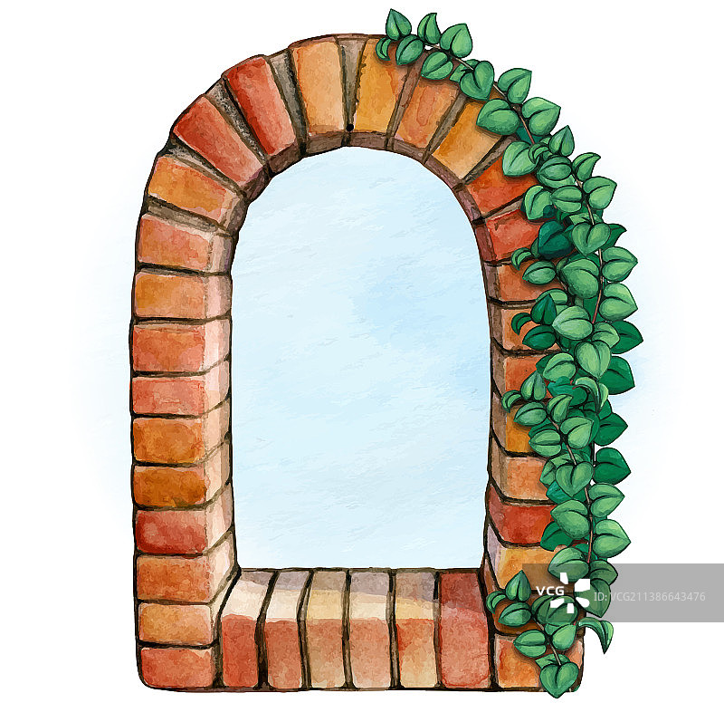 爬山虎老砖窗户水彩画图片素材