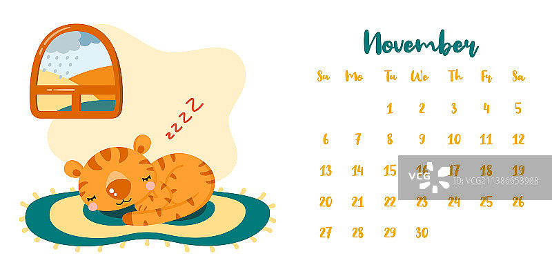 2022年11月带睡虎的日历图片素材