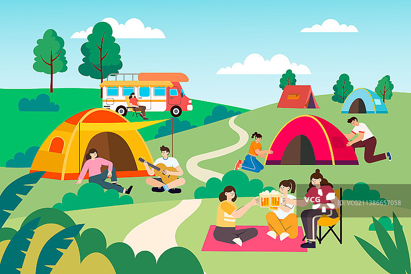 户外露营的人们矢量插画图片素材