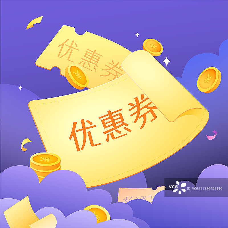 优惠券金币促销购物矢量插画背景方图图片素材