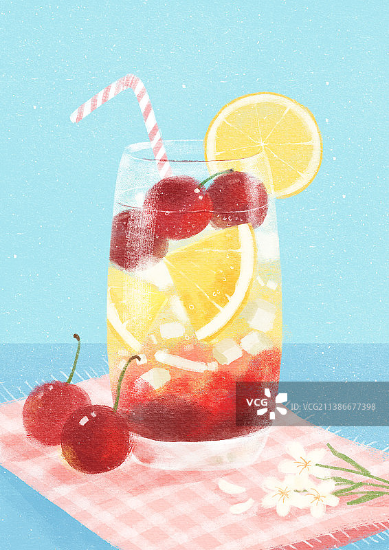 手绘樱桃柠檬果茶冰饮插画图片素材