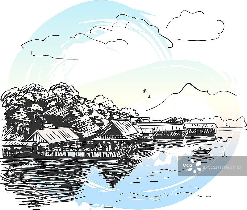 东南亚河流景观草图图片素材