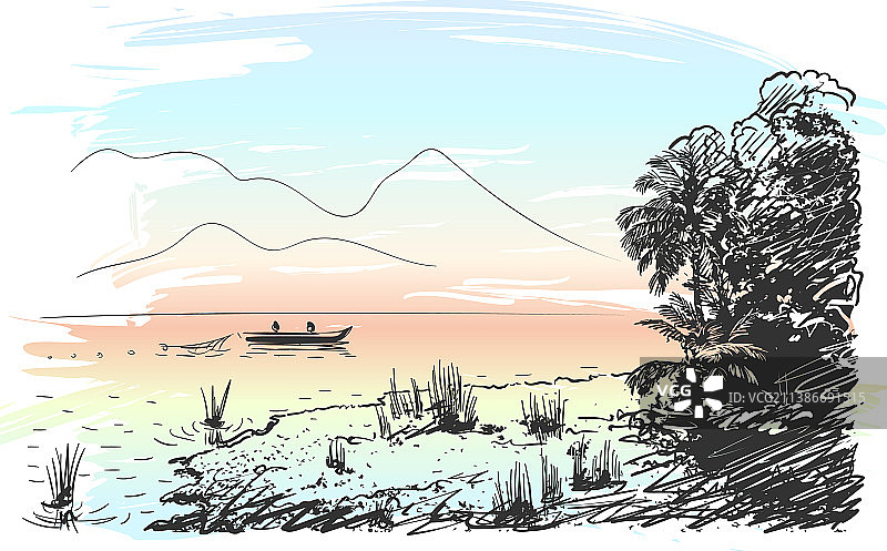湖景与渔船丛林素描图片素材