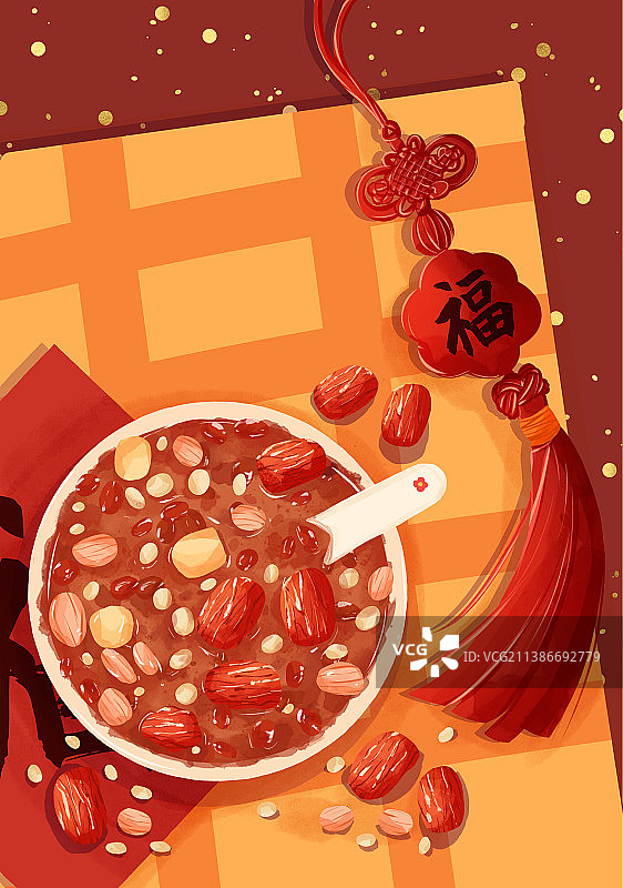 红色背景腊八节腊八粥中国结福字对联节日海报图片素材