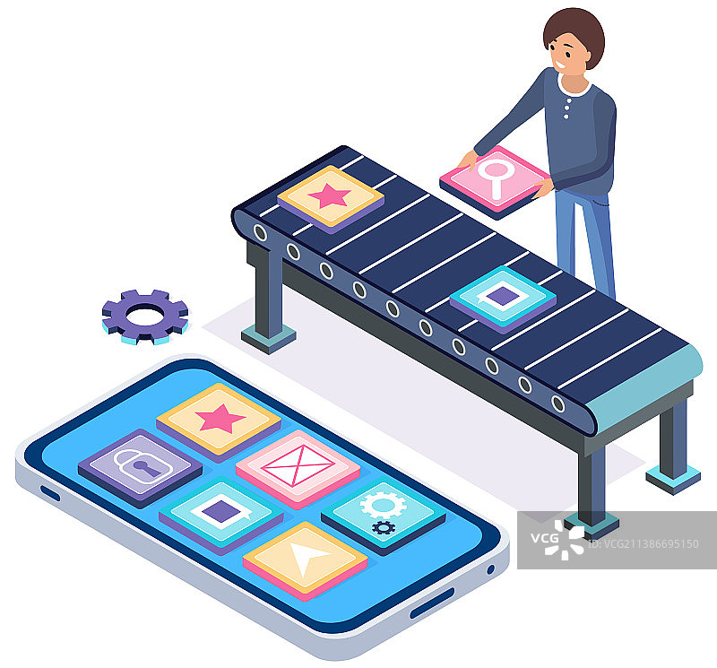 男人检查传送带上的磁带程序文件图片素材