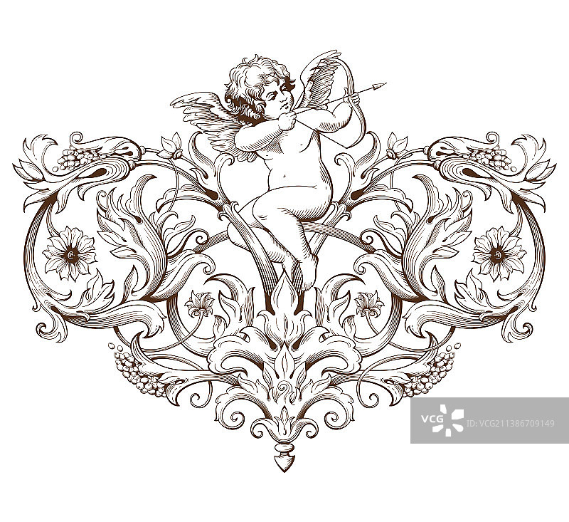 复古雕刻风格的手持弓箭丘比特图片素材