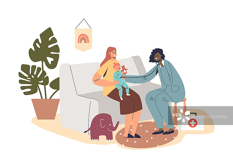 家庭医生儿科医生上门看望生病的孩子图片素材