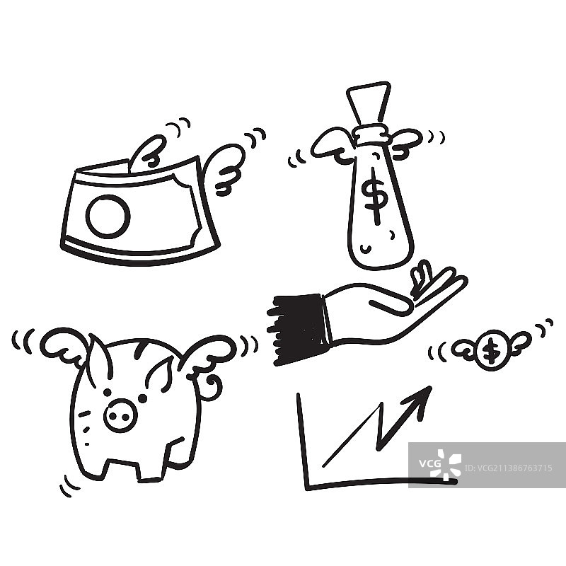 手绘涂鸦带翅膀的钱币图片素材
