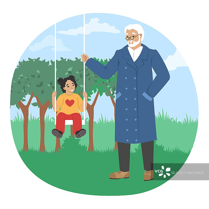 爷爷在秋千上荡孙女图片素材