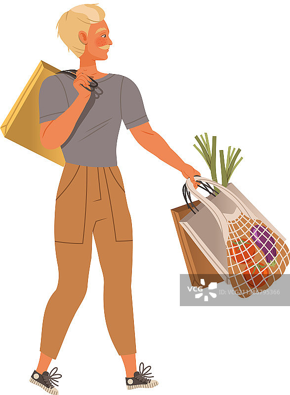 男人携带装满食品的购物袋图片素材