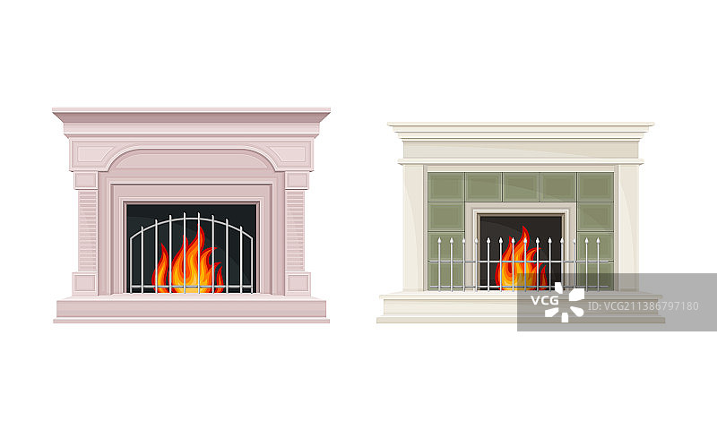 经典开放式壁炉与燃烧的火焰图片素材